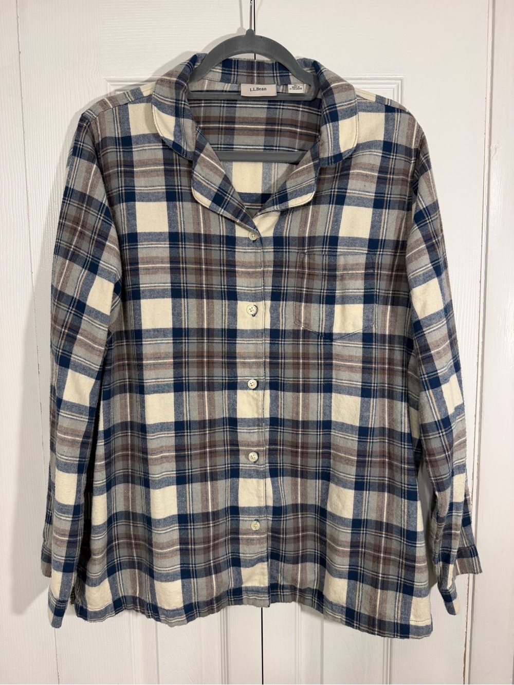 L.L.Bean Plaid Pajama Top L Blue Cream